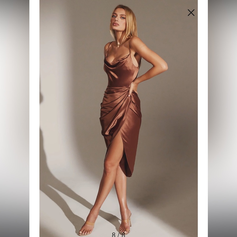 House of CB Reva Satin Gathered Corset Dress size medium in the color “toffee”